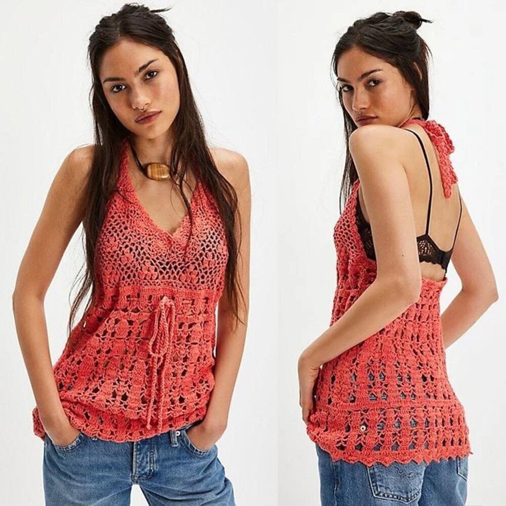 NWT New $128 Free People Bayside Crochet Radiant Watermelon Tunic Size L